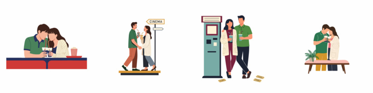 Vector set of a romantic couple on a movie date, buying tickets, sharing drinks and popcorn at the cinema.
