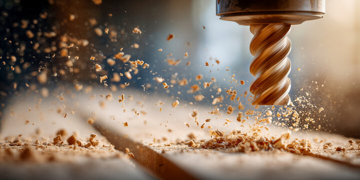 precision cnc milling bit carving pattern into solid oak wood with flying shavings for carpentry manufacturing background