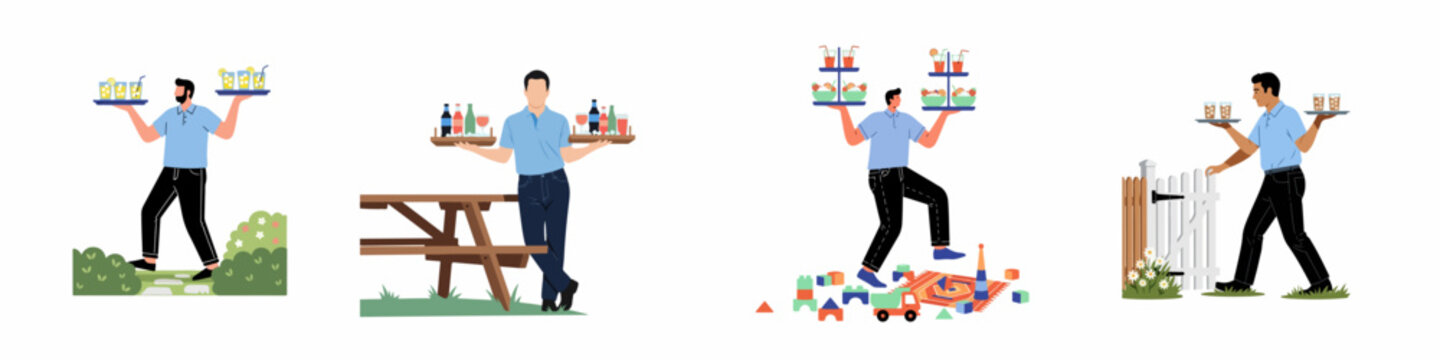 Set of illustrations showing men carrying trays of drinks and food in various outdoor and home settings for catering and hospitality services.