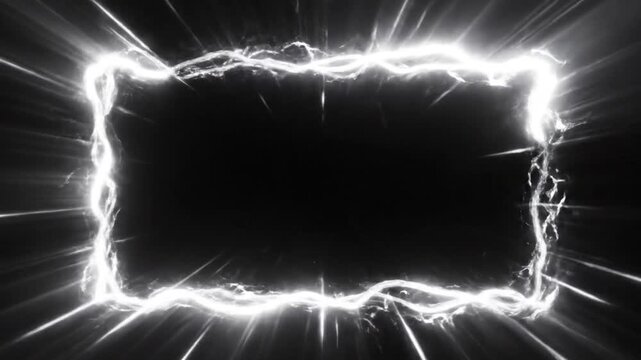 Abstract electric frame with glowing energy and dynamic rays on black
