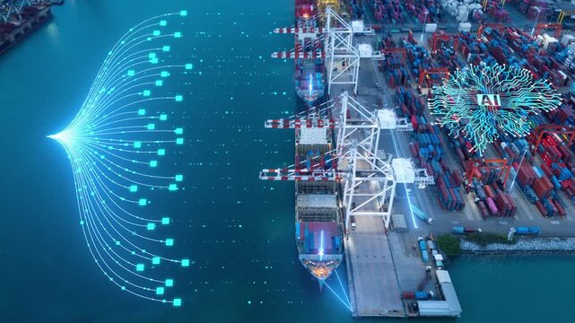 Glowing digital data logistics cargo AI management networks overlaid on a commercial cargo container ship port. artificial intelligence supply chain, and future shipping tech. Smart maritime logistics