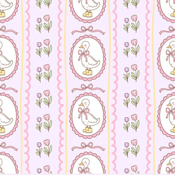 Cute cartoon duck seamless pattern with pastel tulips and bows on light purple background
