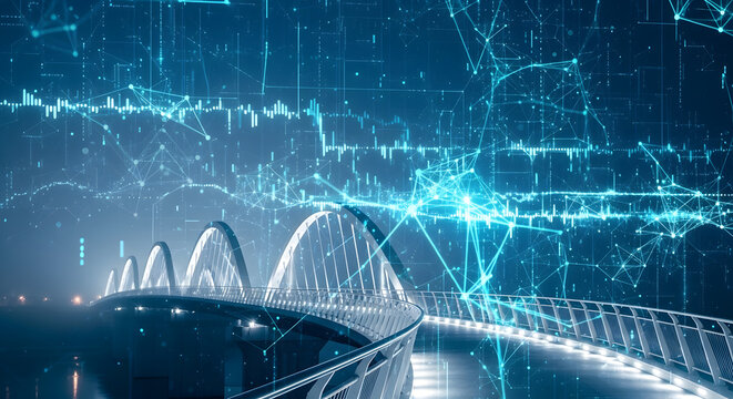 Futuristic digital bridge connecting data streams and networks in an abstract technological landscape, symbolizing advanced global communication and intricate connectivity patterns