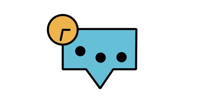 Animated icon of a speech chat bubble with three dots and a timer clock, representing typing status, message processing, or response.