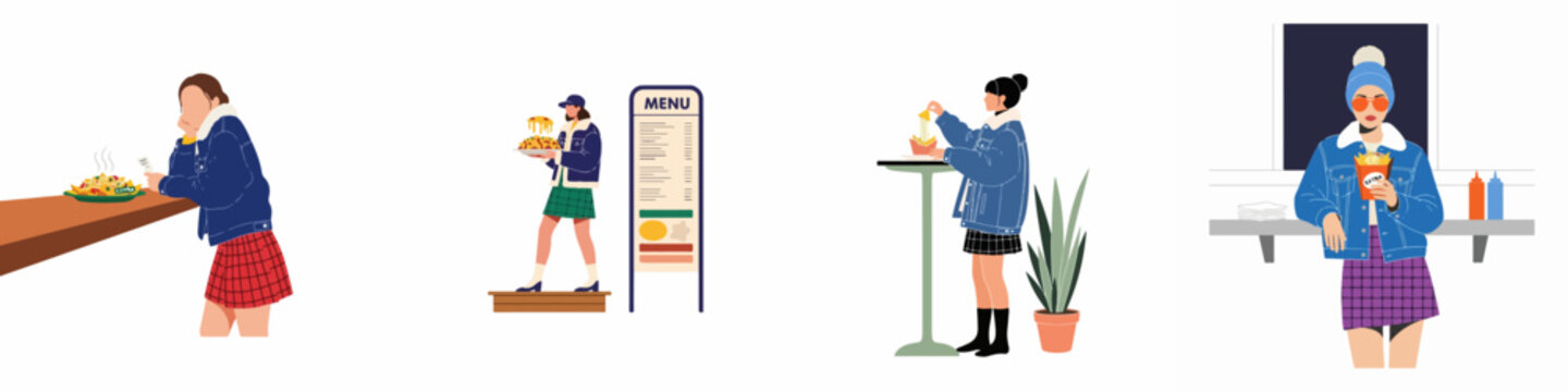 Flat vector illustration set of a stylish young woman in denim and plaid outfits dining at a fast food restaurant or cafe.