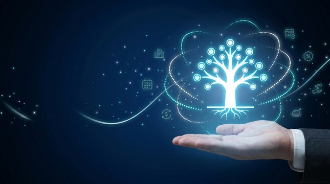 Digital tree of life with icons representing growth and finance