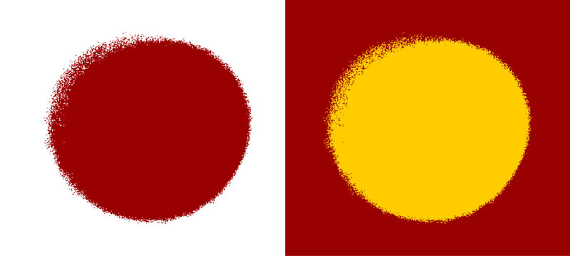 Vibrant red and yellow circle shape graphics showcasing bleeding spray paint aerosol textures for contemporary youth culture streetwear fashion merchandise pattern layout banner clip art.