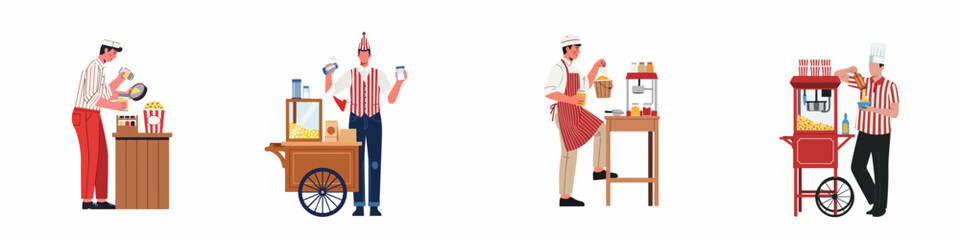 Obraz premium Vector illustration set of diverse popcorn vendors making and selling fresh popcorn in various styles and carts on white background.