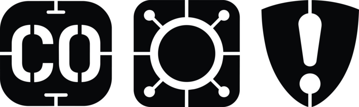 Minimalist graphic element set featuring a letter c, a circular abstract art symbol, and an exclamation mark within shield shapes, presented in bold