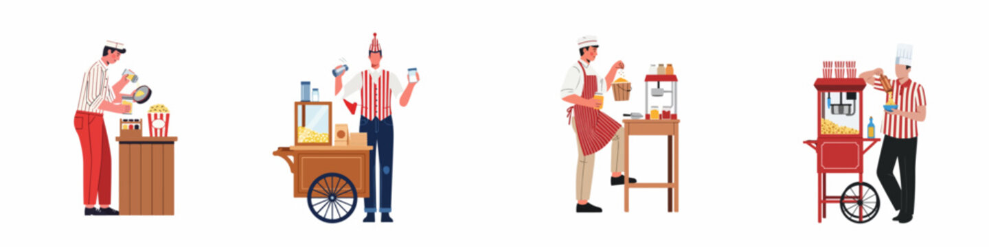 Vector illustration set of diverse popcorn vendors making and selling fresh popcorn in various styles and carts on white background.