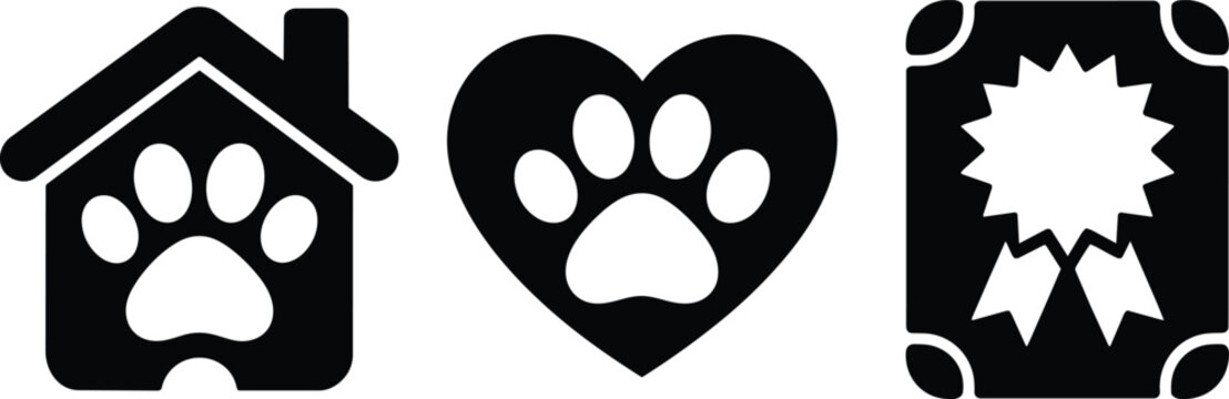 Paw print in house shape, heart and award ribbon icon for pet care or veterinary services, vector illustration and animal shelter and black