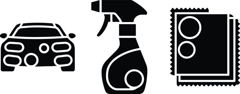 Car wash supplies include a vehicle silhouette, spray bottle, and microfiber cloths, representing automotive cleaning and detailing elements