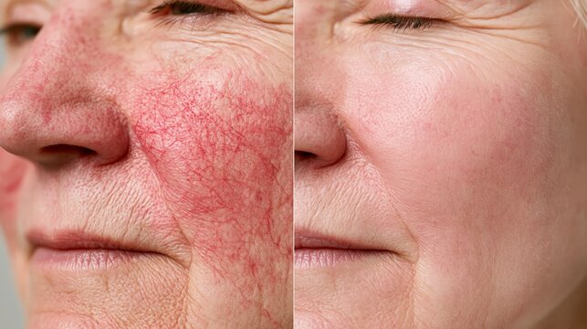 A broken capillary treatment before and after split showing red spider veins and flushed skin on the left and a clear even calm complexion on the right.