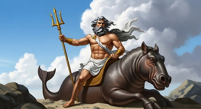 Mythical Sea God Riding a Sea Monster with Trident and Crown.