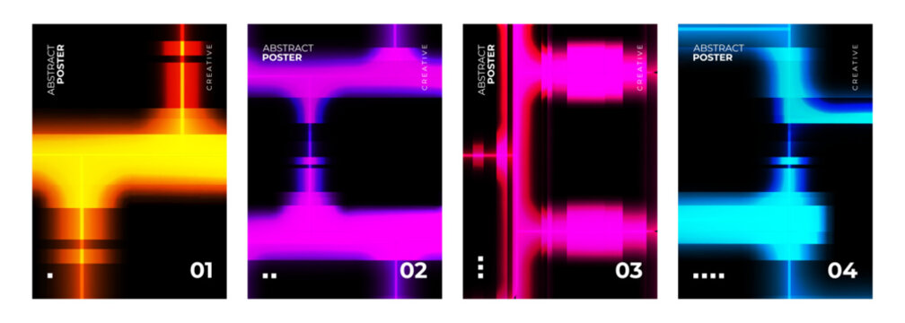 Set of Abstract Posters. Vibrant blurred neon gradient light effect and glitch aesthetic. Creative graphic designs. Vector illustration.