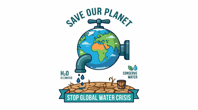 Save Our Planet with a cartoon Earth showing a water globe and banner urging to stop the global water crisis