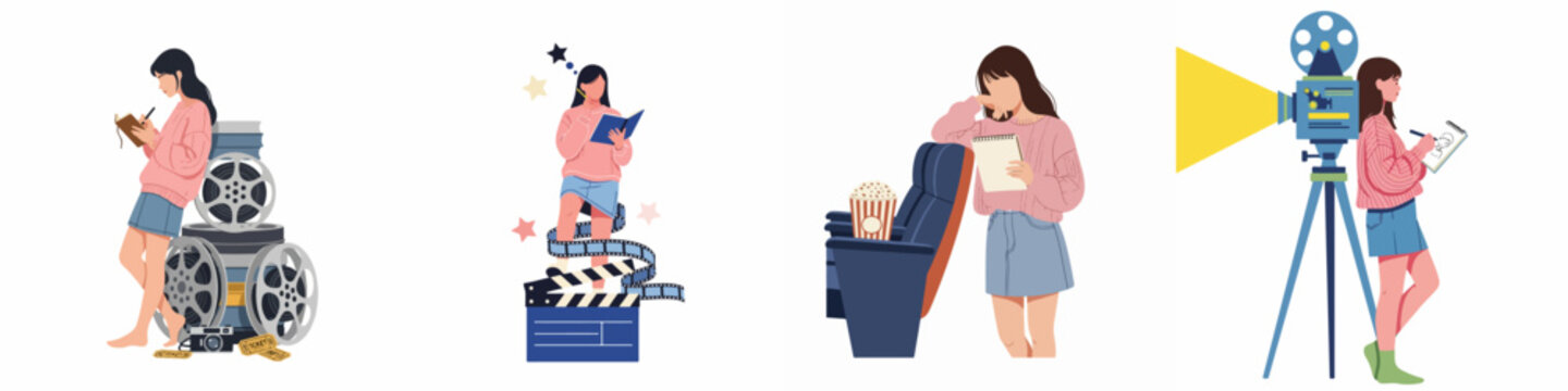 Creative Woman Filmmaker Illustration Set Featuring Scriptwriting, Sketching, and Cinema Scenes