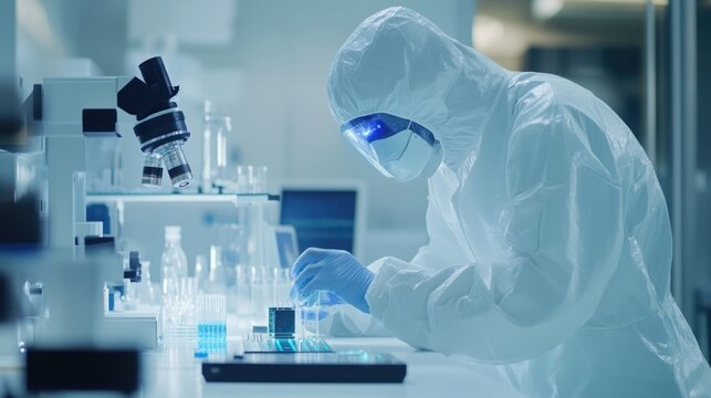 Scientist in protective suit working with samples in modern labo