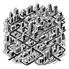 Obraz premium Isometric city map illustration with interconnected buildings and road networks in a black and white minimalist vector graphic style
