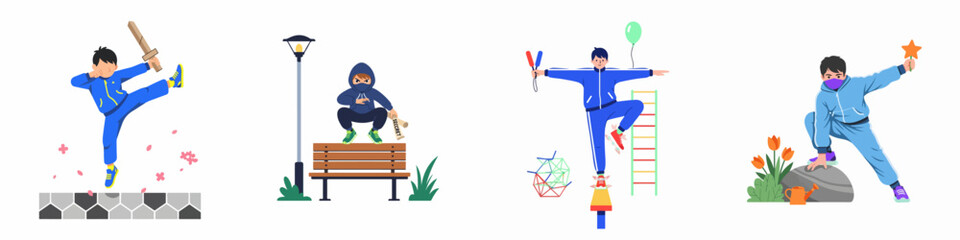 Set of four illustrations depicting a young boy engaged in various imaginative play activities like being a ninja knight and balancing acrobat © Sugik