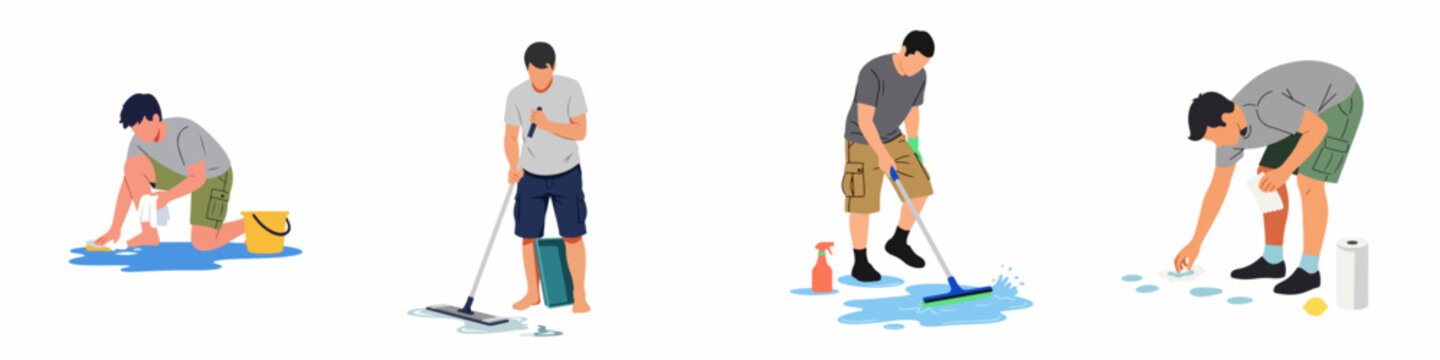 Flat Vector Illustration Set of a Man Cleaning Up Liquid Spills Using Various Tools Like Mops, Sponges, and Squeegees