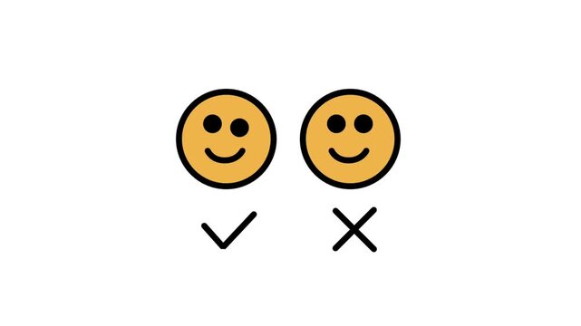 Animated icon of two chat bubbles showing a happy smile face and an unhappy cross mark face, representing client feedback.