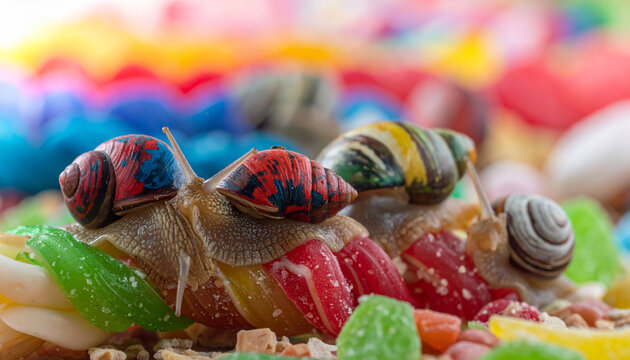 Snails Engaged in a Sweet Race Amidst a Colorful Array of Licorice Candies and Gummy Treats
