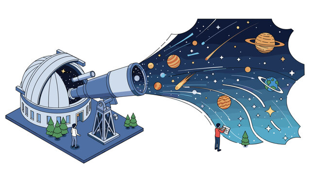 Astronomers using a large telescope at an observatory to view planets, comets, and stars in a stylized celestial scene across the night sky.