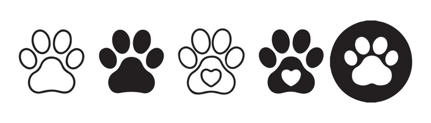Animal paw print icon collection with heart shapes and circular backgrounds in black vector art. © StockDesign