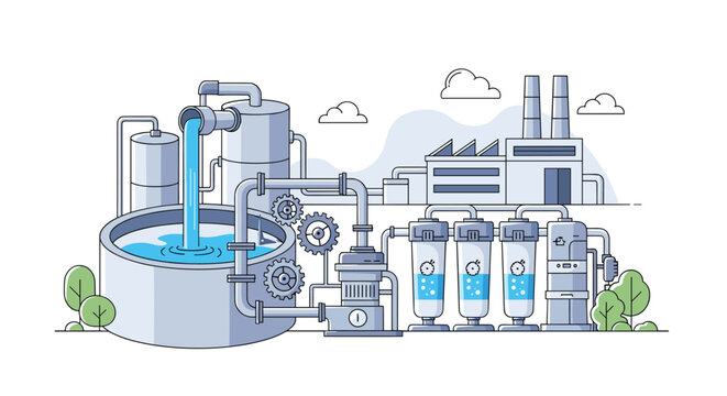 Industrial water treatment facility uses a complex system of filtration tanks and pipes to purify resources for production.