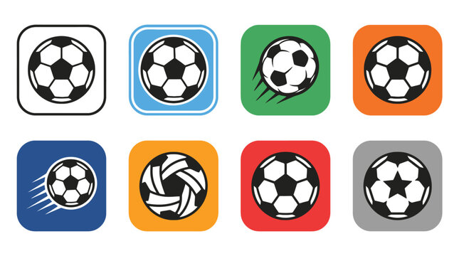 Soccer ball flat icon set with colorful rounded square backgrounds, motion designs and simple sport app symbols on white background