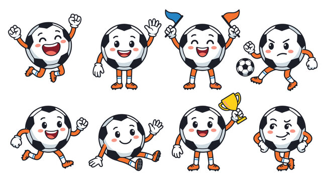 Cute soccer ball mascot character set with different poses, flags, trophy, running and cheering football cartoon icons on white background