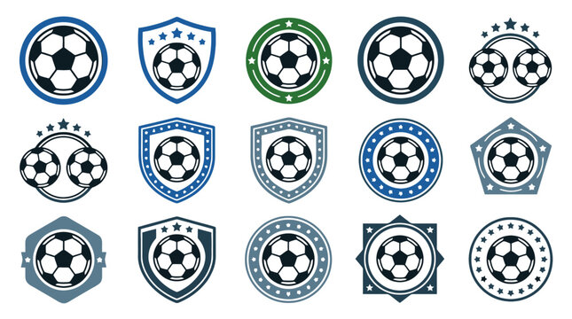 Soccer badge logo set with football emblems, shield crests, stars and round sport icons isolated on white background