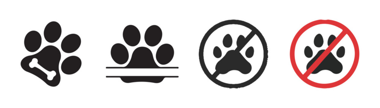 Animal paw print symbols with bone element and prohibition signs for pet control regulations art.