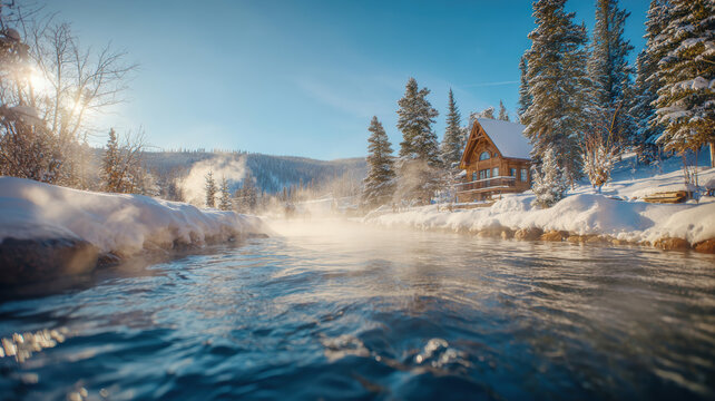 Geothermal hot springs resort, spa, bath pool, relaxation vacation theme. A picturesque winter scene with a cabin situated beside a river.