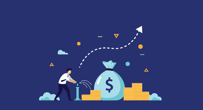 Businessman uses a manual pump to inflate a money bag while a dashed line indicates a positive upward financial trend.