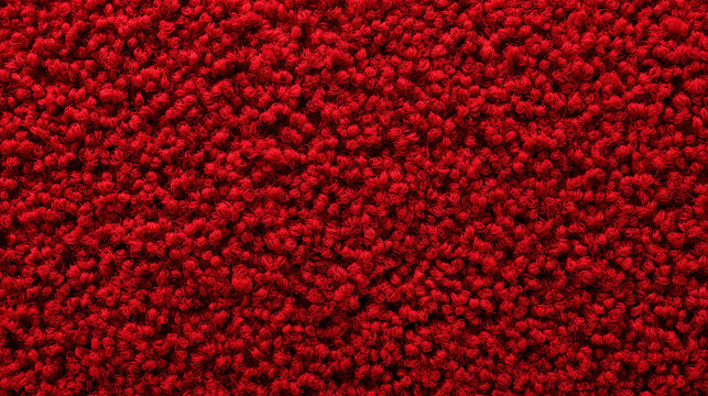 Full frame macro of vivid red shag carpet with dense plush curled yarn texture