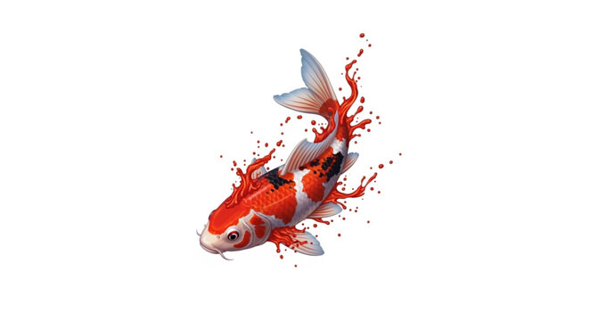 Koi fish with red paint splash effect isolated on white.