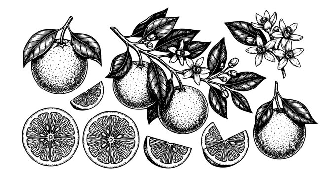Orange fruit sketch vector set with slices leaves and flowers botanical illustration