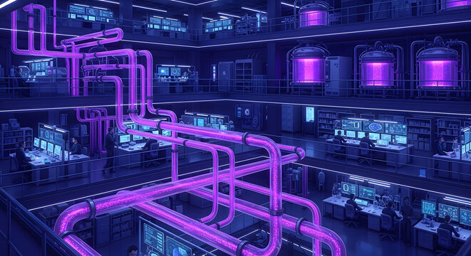 Complex network of glowing purple pipes interconnects a futuristic multi-story control center, showcasing advanced technological infrastructure and data processing operations