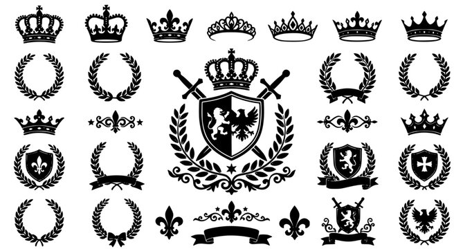 Ornate crown and laurel wreath vector collection royal silhouette symbols