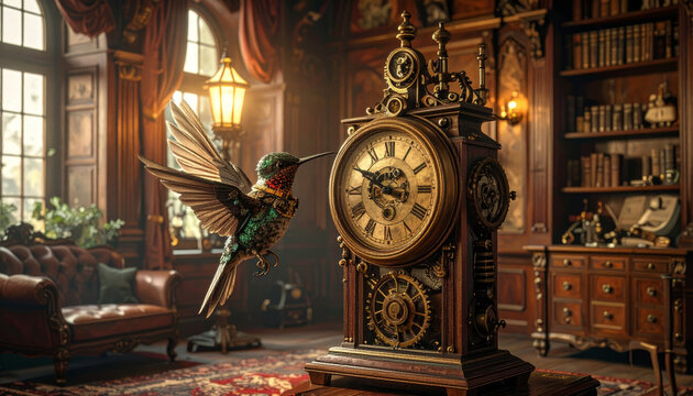 Steampunk hummingbird intricately winding an ornate grandfather clock with its beak in a vintage study