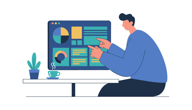 Man pointing at large computer monitor with interactive data dashboard and UI elements, web developm