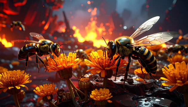 Robotic bees with metallic bodies pollinate vibrant orange flowers amidst futuristic fiery background