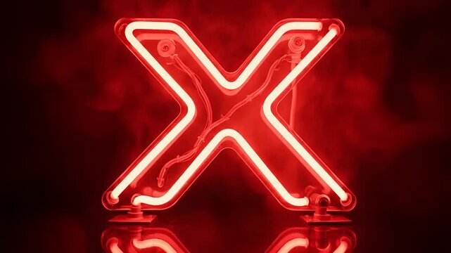 Red Neon Letter X Sign Glowing Brightly on Black Background with Reflections.