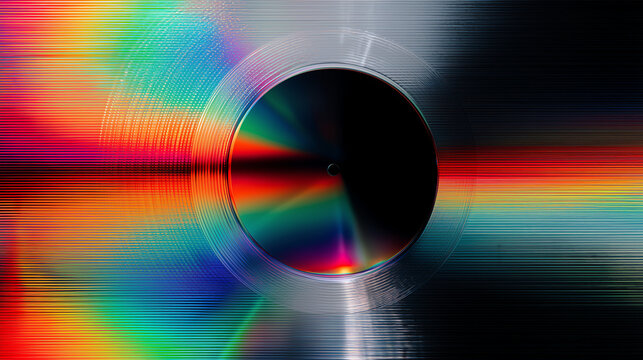 Compact disc tilted against the light showing iridescent rainbow reflections and motion streaks