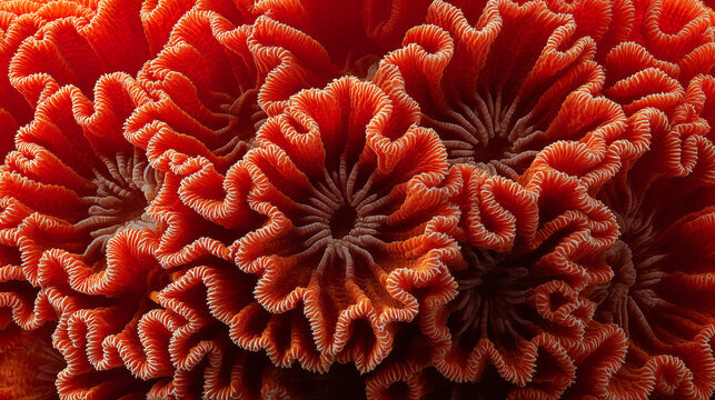 Macro of vivid orange coral polyps with frilled ruffled folds in a dense cluster