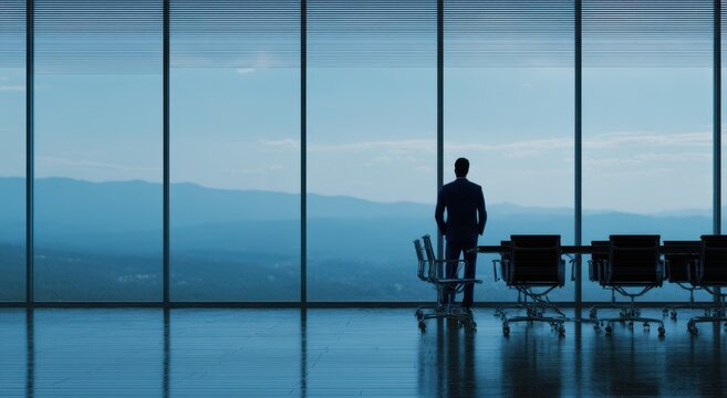 Silhouette of a businessman standing in a modern office with large overlooking a distant mountain landscape businessman silhouette landscape mountains reflection corporate business