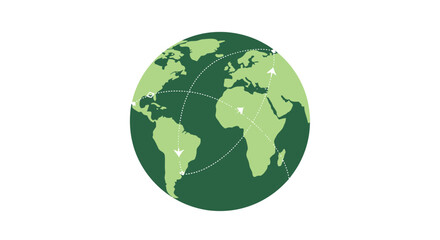 Obraz premium Green globe illustration showing international travel routes with white dashed lines and small plane icons