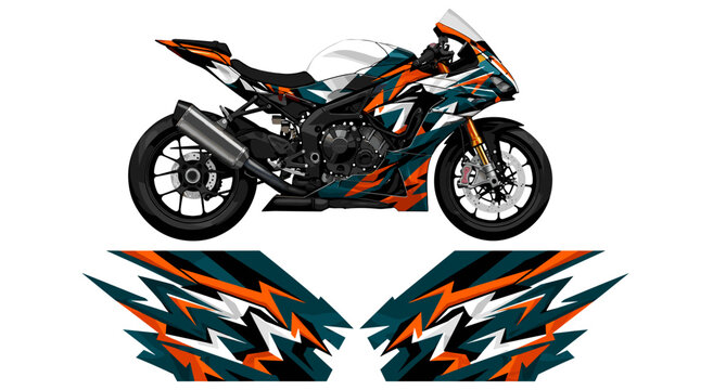 Sportbike with orange and teal geometric decal wrap design.